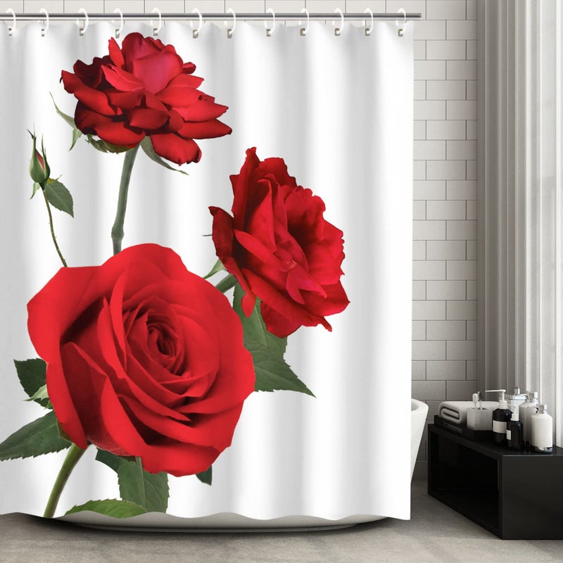 LIVILAN Rose Shower Curtain, Red Flower Fabric Bathroom Curtains Set with Hooks Floral Bathroom Decor Polyester Machine Washable 72Wx72H Inches - Image 2